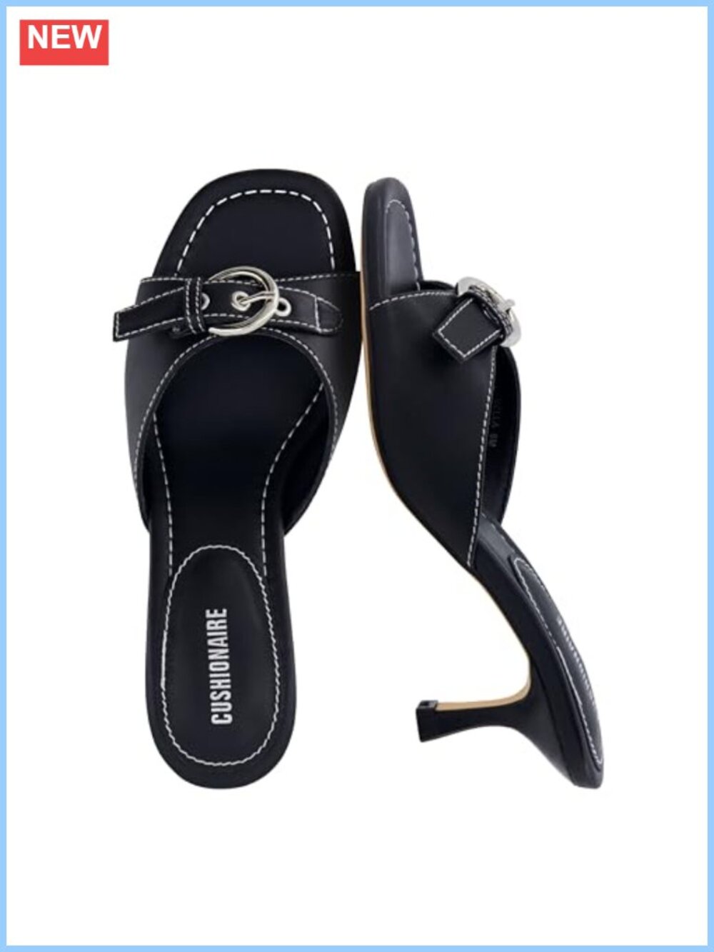 Kitten Heel Mule Sandals with Buckle Accent, Faux Leather, Open Toe, Slip-On